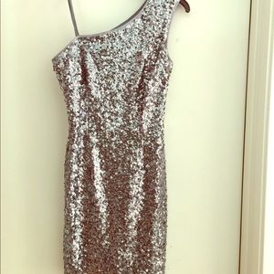 Gunmetal sequin one shoulder cocktail dress